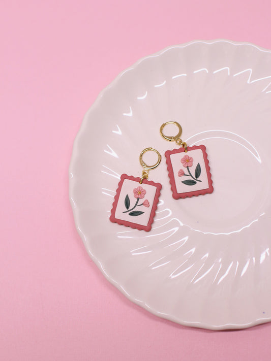 Pink Cosmos - Postage Stamp Earrings
