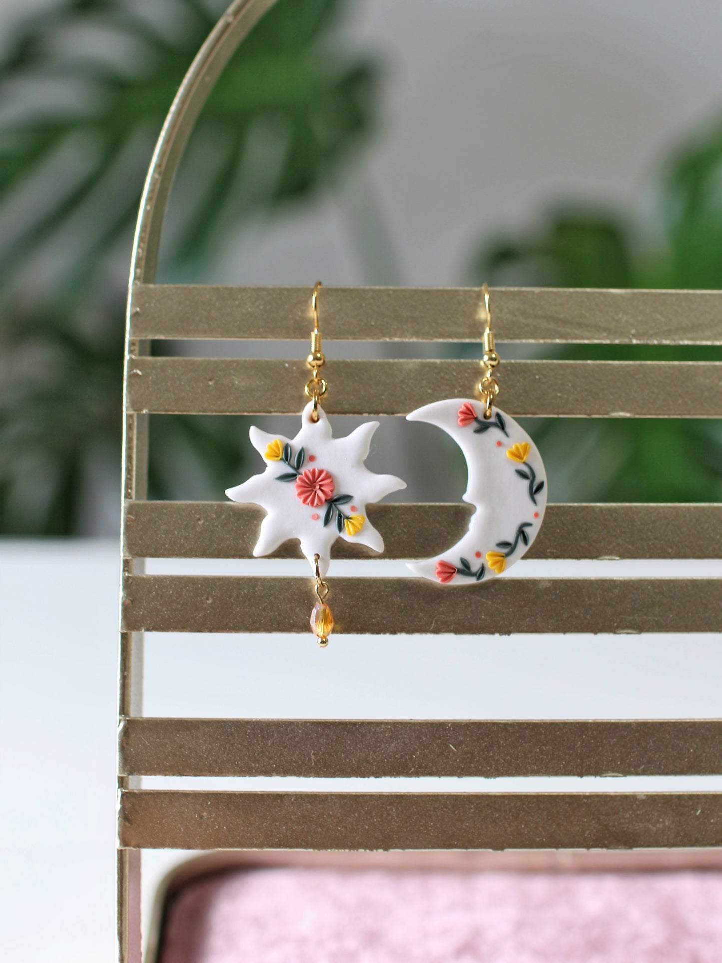Embroidery Inspired Sun and Moon - Mismatched Earrings