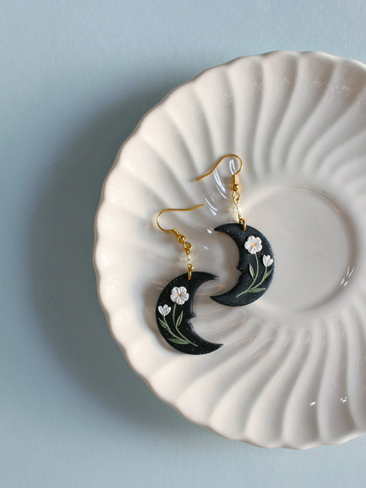 Cosmos - Floral Crescent Moon Earrings