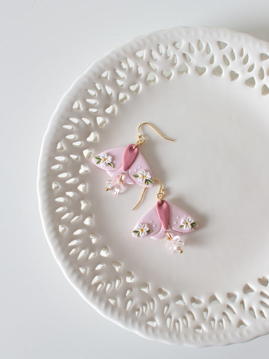 Pink Meadow Wings - Statement Moth Earrings