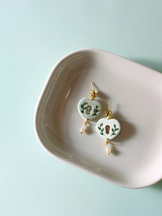 Tea Green Heart Locket Earrings