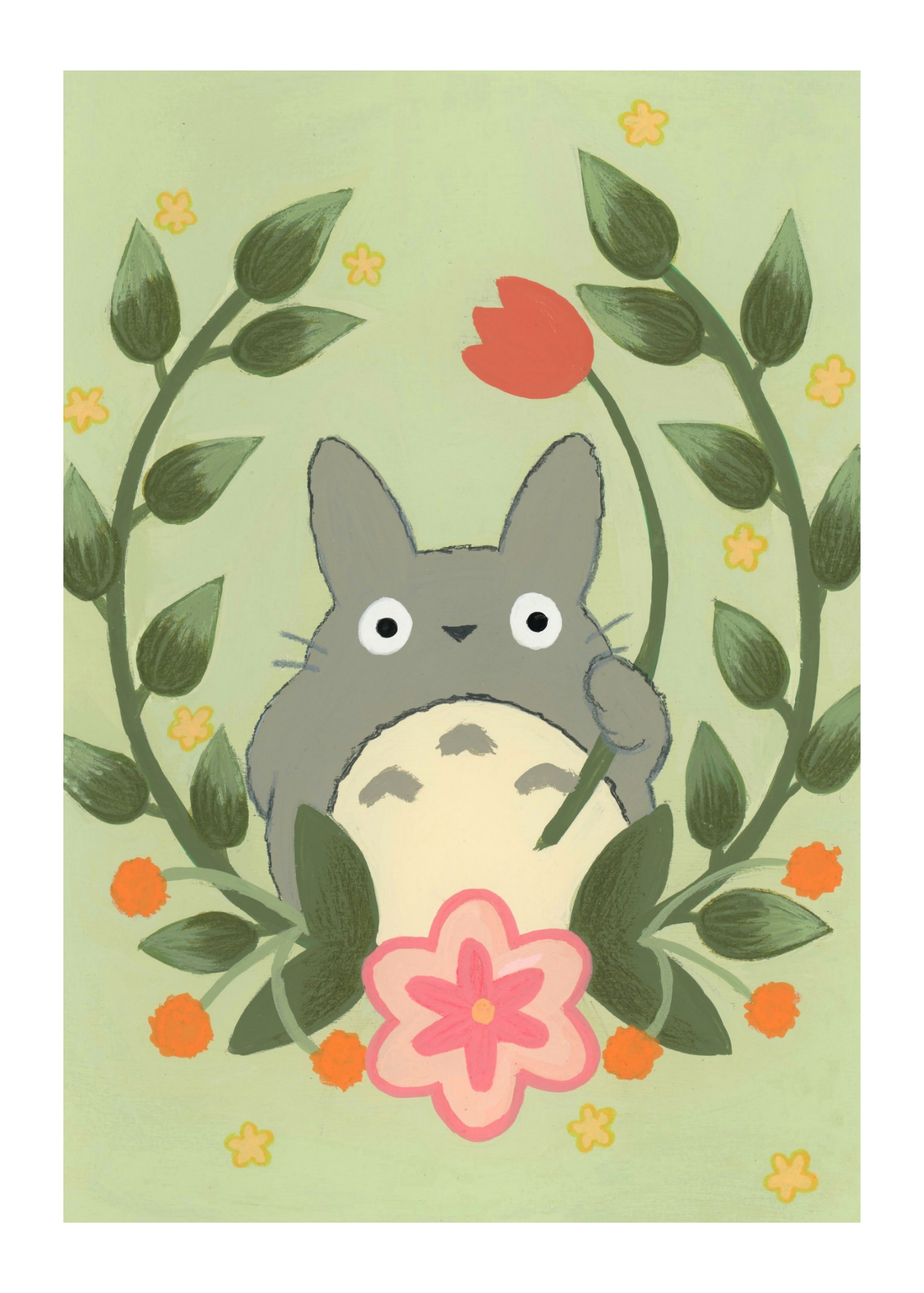 Floral Totoro - 5x7 Art Print